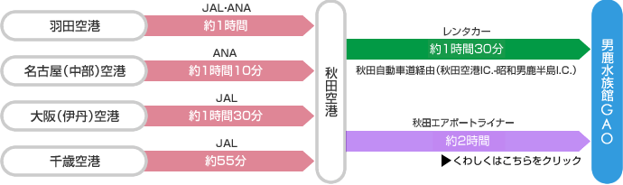 秋田空港まで:
		 羽田空港から JAL・ANA 約1時間
		 名古屋(中部)空港 ANA 約1時間10分
		 大阪(伊丹)空港 JAL 約1時間30分
		 千歳空港 JAL 約55分
		 秋田空港から男鹿水族館GAOまで:
		 レンタカー 約1時間30分 秋田自動車道経由(秋田空港IC.-昭和男鹿半島I.C.) または 秋田エアポートライナー 約2時間